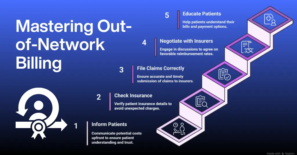 Visual guide outlining 5 essential steps for mastering out-of-network billing, from patient education to insurer negotiation.