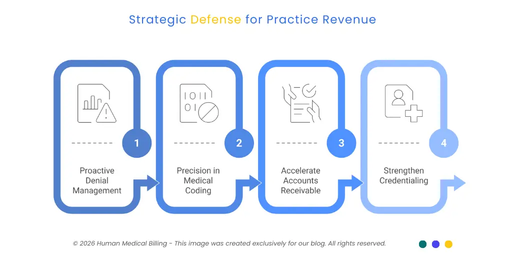 Strategic defense for practice revenue showing denial management, coding accuracy, AR acceleration, and credentialing.