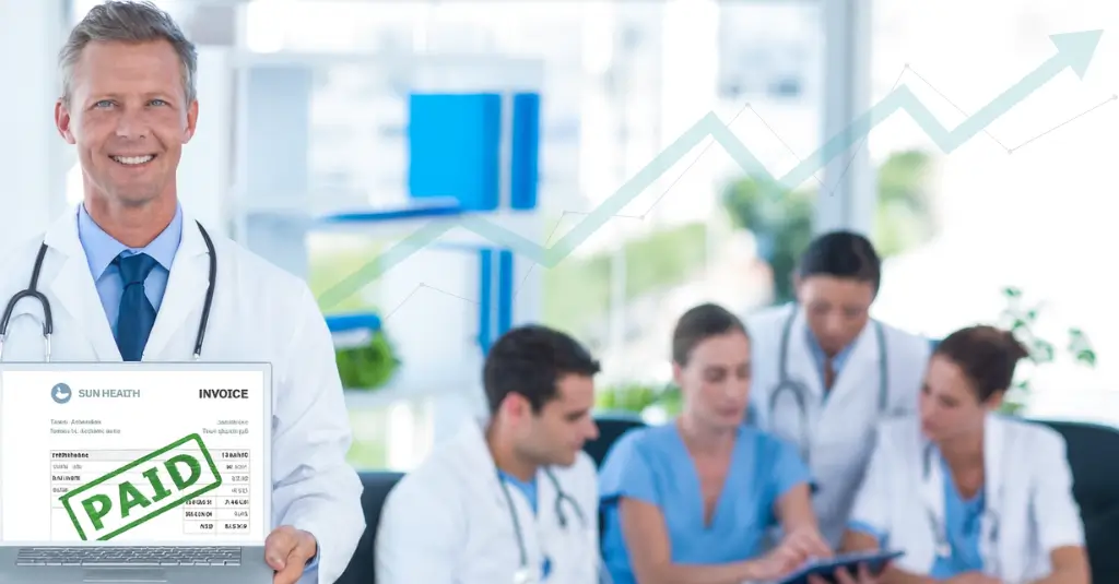 Doctor holding a paid invoice with medical team in background, symbolizing efficient medical billing services and revenue growth.