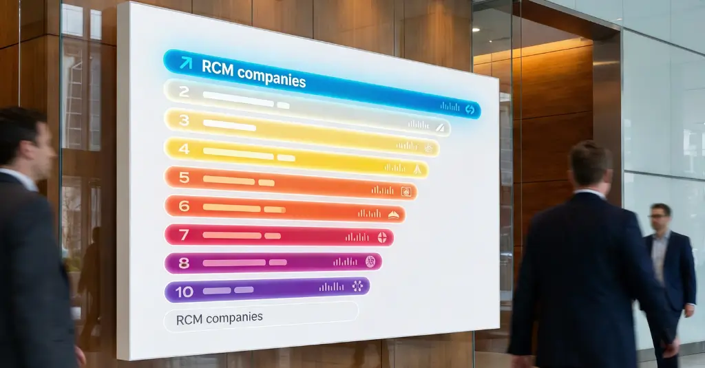 Digital ranking board displaying “RCM companies” leaderboard in a modern corporate office setting, highlighting top revenue cycle management providers.