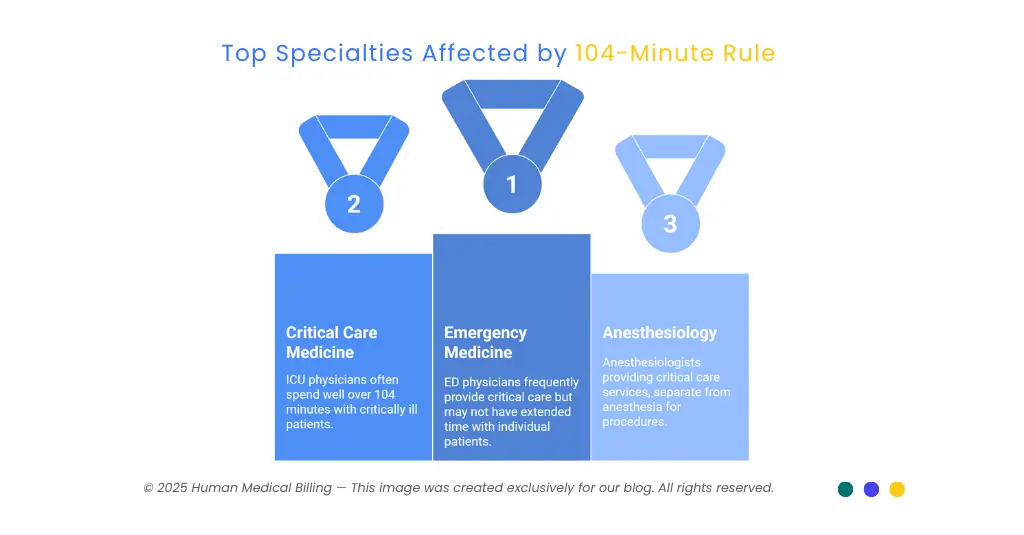 Infographic by Human Medical Billing showing top specialties affected by the 104-minute rule - emergency medicine, critical care, and anesthesiology.
