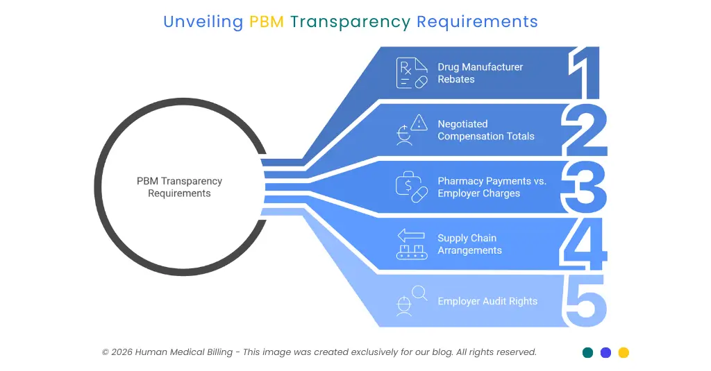 Infographic outlining PBM transparency requirements including rebates, compensation, pharmacy payments, and audit rights.