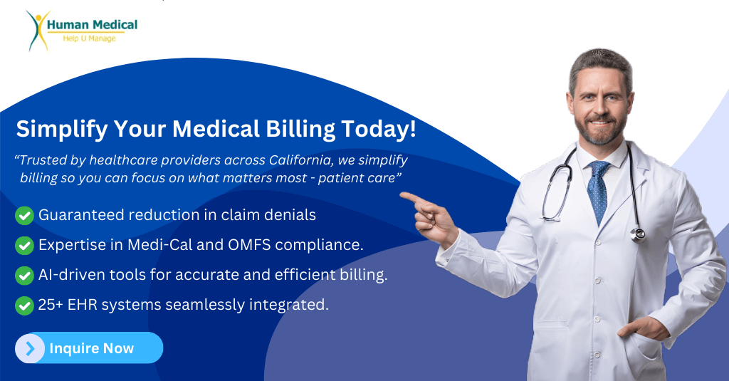 Doctor promoting simplified medical billing with benefits like reduced denials and AI-driven tools.